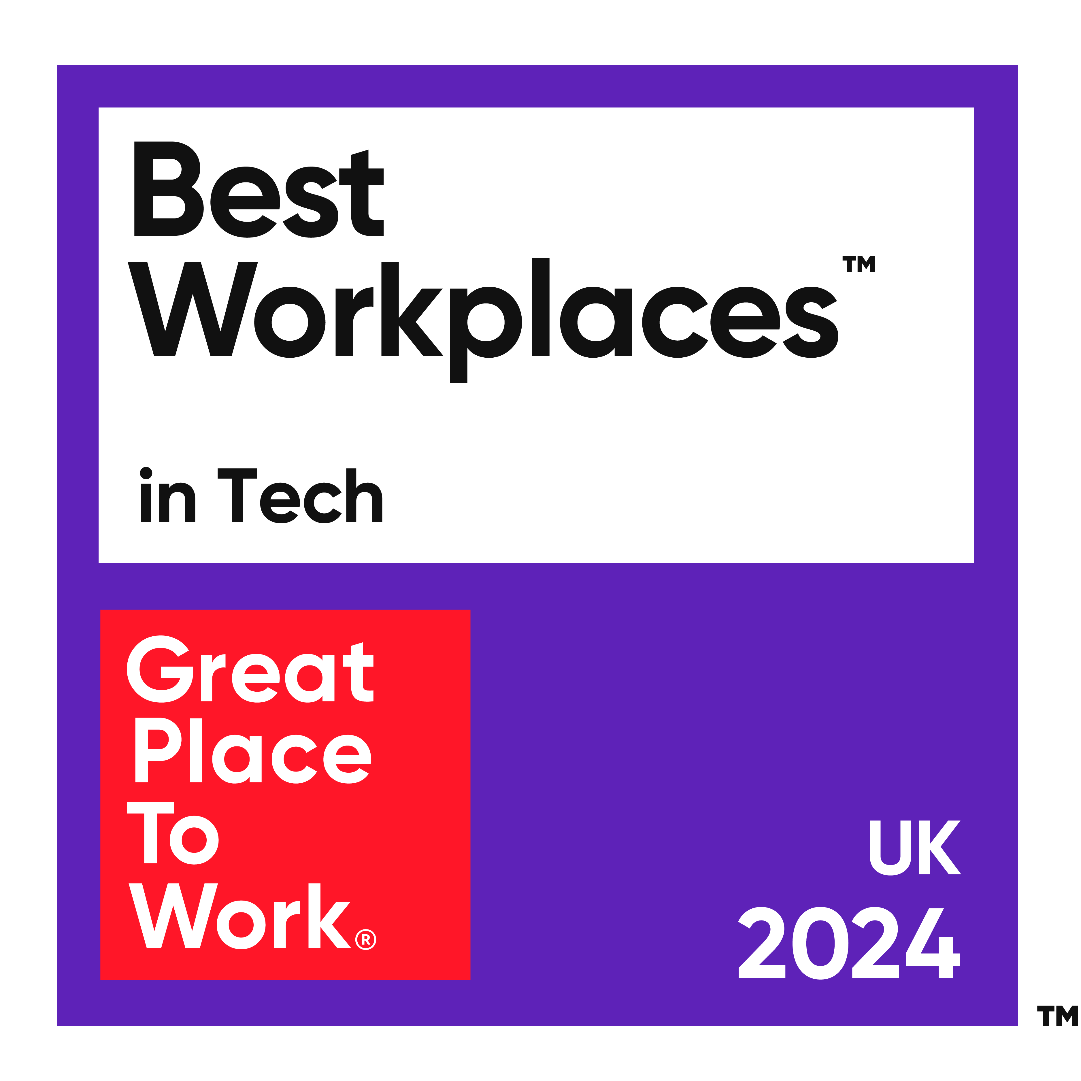 "Best Workplaces in Tech 2024" logo, UK edition, purple and red design.